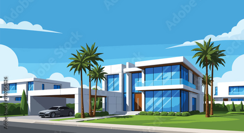 Modern flat vector illustration of luxury two-story house with glass windows, carport, palm trees, and green lawn, showing clean architecture and premium suburban lifestyle