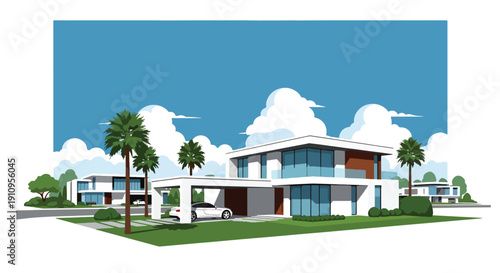 Modern flat vector illustration of luxury two-story house with glass windows, carport, palm trees, and green lawn, showing clean architecture and premium suburban lifestyle