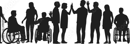 Black silhouette set of a diverse community featuring people in wheelchairs individuals giving high fives and men and women standing together for social inclusivity concepts