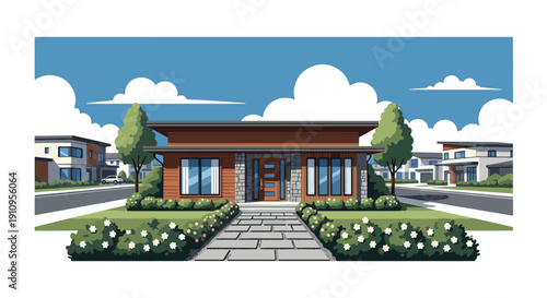 Flat vector illustration of compact single-story modern house with wooden accents, garden path, and morning light, showing minimalist residential architecture