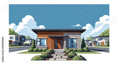 Flat vector illustration of compact single-story modern house with wooden accents, garden path, and morning light, showing minimalist residential architecture