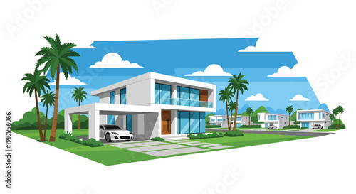 Modern flat vector illustration of luxury two-story house with glass windows, carport, palm trees, and green lawn, showing clean architecture and premium suburban lifestyle