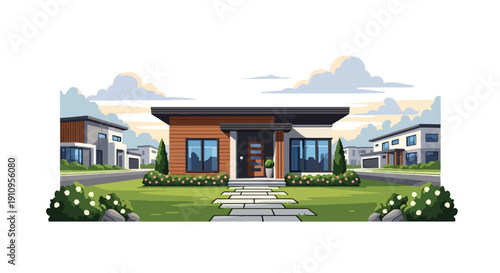 Flat vector illustration of compact single-story modern house with wooden accents, garden path, and morning light, showing minimalist residential architecture