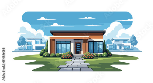 Flat vector illustration of compact single-story modern house with wooden accents, garden path, and morning light, showing minimalist residential architecture