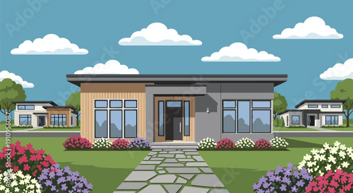 Flat vector illustration of compact single-story modern house with wooden accents, garden path, and morning light, showing minimalist residential architecture