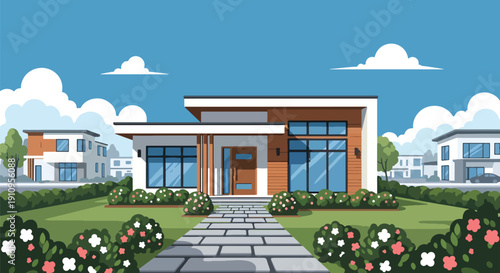 Flat vector illustration of compact single-story modern house with wooden accents, garden path, and morning light, showing minimalist residential architecture
