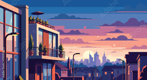 Modern flat vector illustration of urban townhouse with balcony plants, rooftop terrace, and city skyline, showing stylish metropolitan living concept