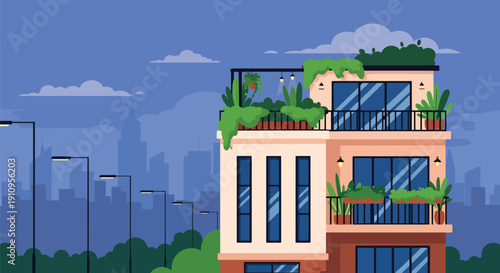 Modern flat vector illustration of urban townhouse with balcony plants, rooftop terrace, and city skyline, showing stylish metropolitan living concept