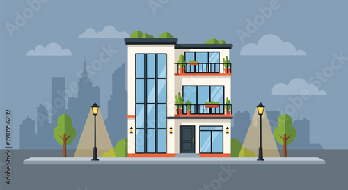 Modern flat vector illustration of urban townhouse with balcony plants, rooftop terrace, and city skyline, showing stylish metropolitan living concept