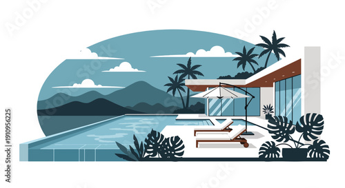 Flat vector illustration of modern villa with swimming pool, sun loungers, tropical plants, and sunset sky, showing luxury vacation home lifestyle
