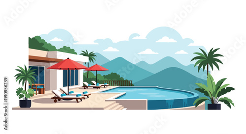 Flat vector illustration of modern villa with swimming pool, sun loungers, tropical plants, and sunset sky, showing luxury vacation home lifestyle