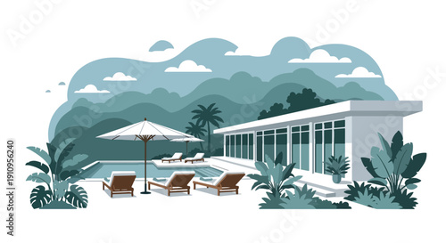 Flat vector illustration of modern villa with swimming pool, sun loungers, tropical plants, and sunset sky, showing luxury vacation home lifestyle