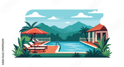 Flat vector illustration of modern villa with swimming pool, sun loungers, tropical plants, and sunset sky, showing luxury vacation home lifestyle