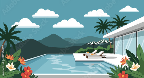 Flat vector illustration of modern villa with swimming pool, sun loungers, tropical plants, and sunset sky, showing luxury vacation home lifestyle