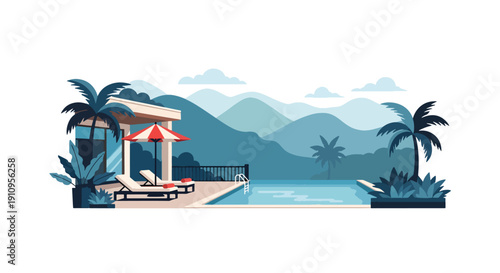 Flat vector illustration of modern villa with swimming pool, sun loungers, tropical plants, and sunset sky, showing luxury vacation home lifestyle
