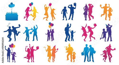 Colorful Silhouettes Dancing and Celebrating.