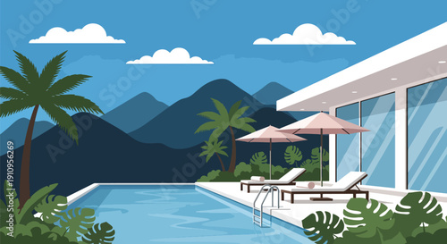 Flat vector illustration of modern villa with swimming pool, sun loungers, tropical plants, and sunset sky, showing luxury vacation home lifestyle
