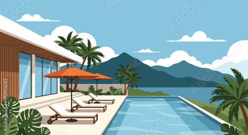 Flat vector illustration of modern villa with swimming pool, sun loungers, tropical plants, and sunset sky, showing luxury vacation home lifestyle