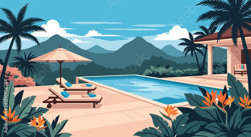 Flat vector illustration of modern villa with swimming pool, sun loungers, tropical plants, and sunset sky, showing luxury vacation home lifestyle