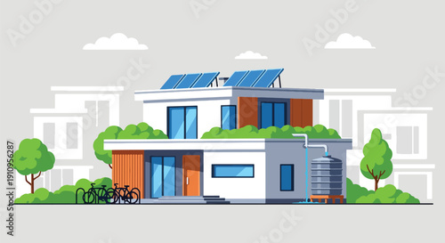 Modern flat vector illustration of eco-friendly home with solar panels and green roof, showing sustainable architecture and environmental lifestyle concept