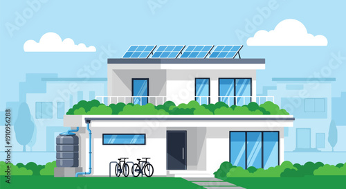 Modern flat vector illustration of eco-friendly home with solar panels and green roof, showing sustainable architecture and environmental lifestyle concept