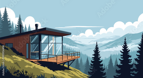 Flat vector illustration of hillside modern house with panoramic windows and mountain view, showing peaceful nature-integrated architecture