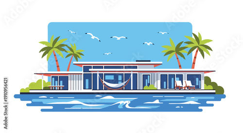 Modern flat vector illustration of beachfront house with ocean view, palm trees, and terrace, showing luxury coastal living concept