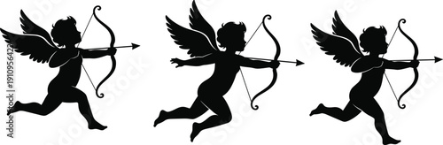 Set of Black Silhouette Vector Illustrations Featuring Cupid Angels Holding Bows and Arrows for Valentines Day Romantic Love and Wedding Graphic Designs,