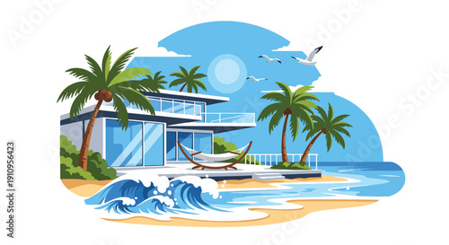 Modern flat vector illustration of beachfront house with ocean view, palm trees, and terrace, showing luxury coastal living concept