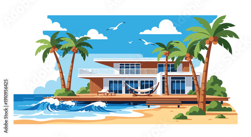 Modern flat vector illustration of beachfront house with ocean view, palm trees, and terrace, showing luxury coastal living concept