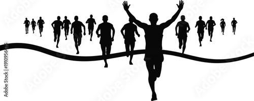 Silhouette vector illustration of male marathon runner crossing finish line tape with arms raised in victory isolated on white background