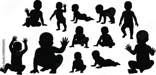 Baby silhouettes collection, crawling, sitting, walking, waving, infant poses, toddler activity, black vector illustration isolated on white background