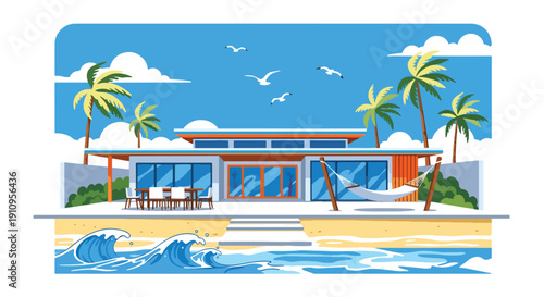 Modern flat vector illustration of beachfront house with ocean view, palm trees, and terrace, showing luxury coastal living concept