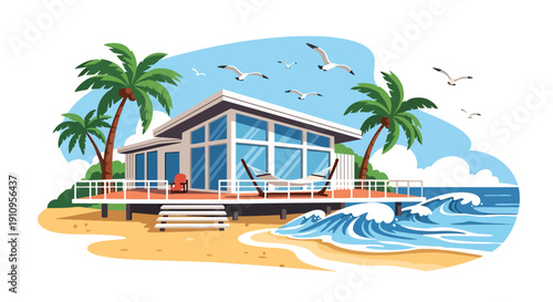 Modern flat vector illustration of beachfront house with ocean view, palm trees, and terrace, showing luxury coastal living concept