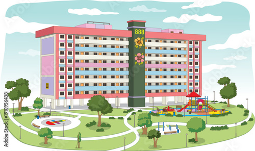 A vibrant Singapore public flat features pink, red, purple, blue, and white hues, with a green floral-adorned strip. It's surrounded by a well-kept park, playground, and exercise area.