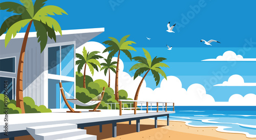 Modern flat vector illustration of beachfront house with ocean view, palm trees, and terrace, showing luxury coastal living concept