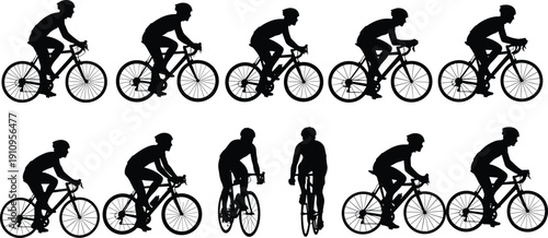 Silhouette vector illustration set of professional cyclists racing on road bikes in different riding poses isolated on white background