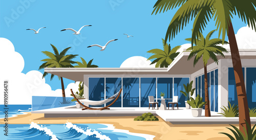Modern flat vector illustration of beachfront house with ocean view, palm trees, and terrace, showing luxury coastal living concept