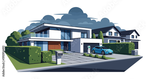 Flat vector illustration of suburban modern house with driveway and electric car charger, showing smart home and green technology lifestyle