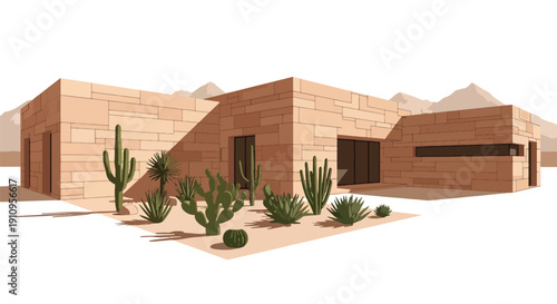 Modern flat vector illustration of desert villa with cactus garden and mountain backdrop, showing arid climate architecture