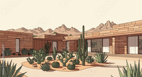 Modern flat vector illustration of desert villa with cactus garden and mountain backdrop, showing arid climate architecture