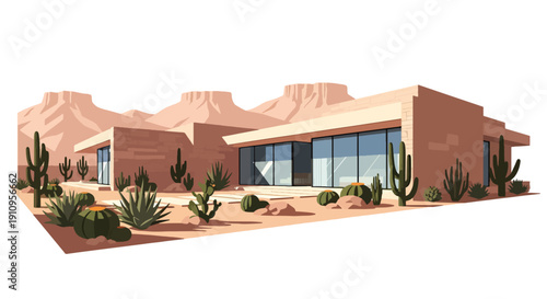 Modern flat vector illustration of desert villa with cactus garden and mountain backdrop, showing arid climate architecture