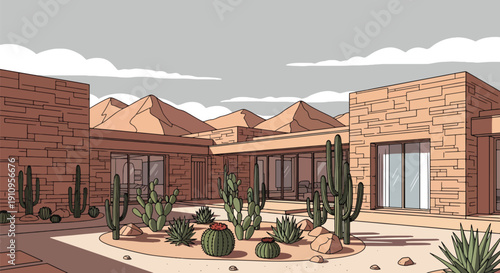 Modern flat vector illustration of desert villa with cactus garden and mountain backdrop, showing arid climate architecture