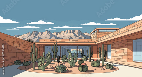 Modern flat vector illustration of desert villa with cactus garden and mountain backdrop, showing arid climate architecture