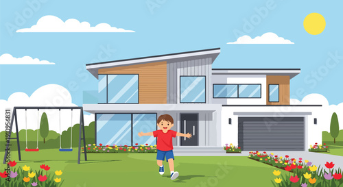 Modern flat vector illustration of family-friendly modern house with kids playing and garden, showing warm residential lifestyle