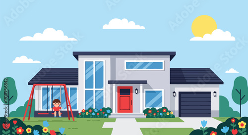 Modern flat vector illustration of family-friendly modern house with kids playing and garden, showing warm residential lifestyle