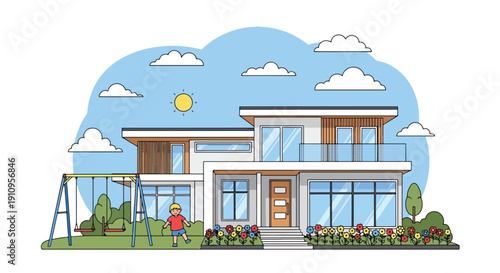 Modern flat vector illustration of family-friendly modern house with kids playing and garden, showing warm residential lifestyle