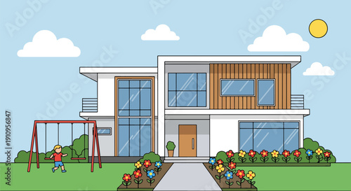 Modern flat vector illustration of family-friendly modern house with kids playing and garden, showing warm residential lifestyle