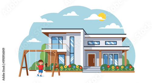 Modern flat vector illustration of family-friendly modern house with kids playing and garden, showing warm residential lifestyle