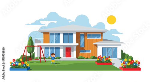 Modern flat vector illustration of family-friendly modern house with kids playing and garden, showing warm residential lifestyle